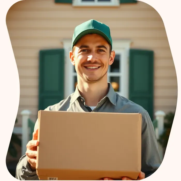 Two removalists moving boxes up stairs